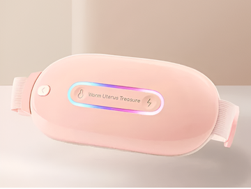 Pink heating pad with text on a beige background